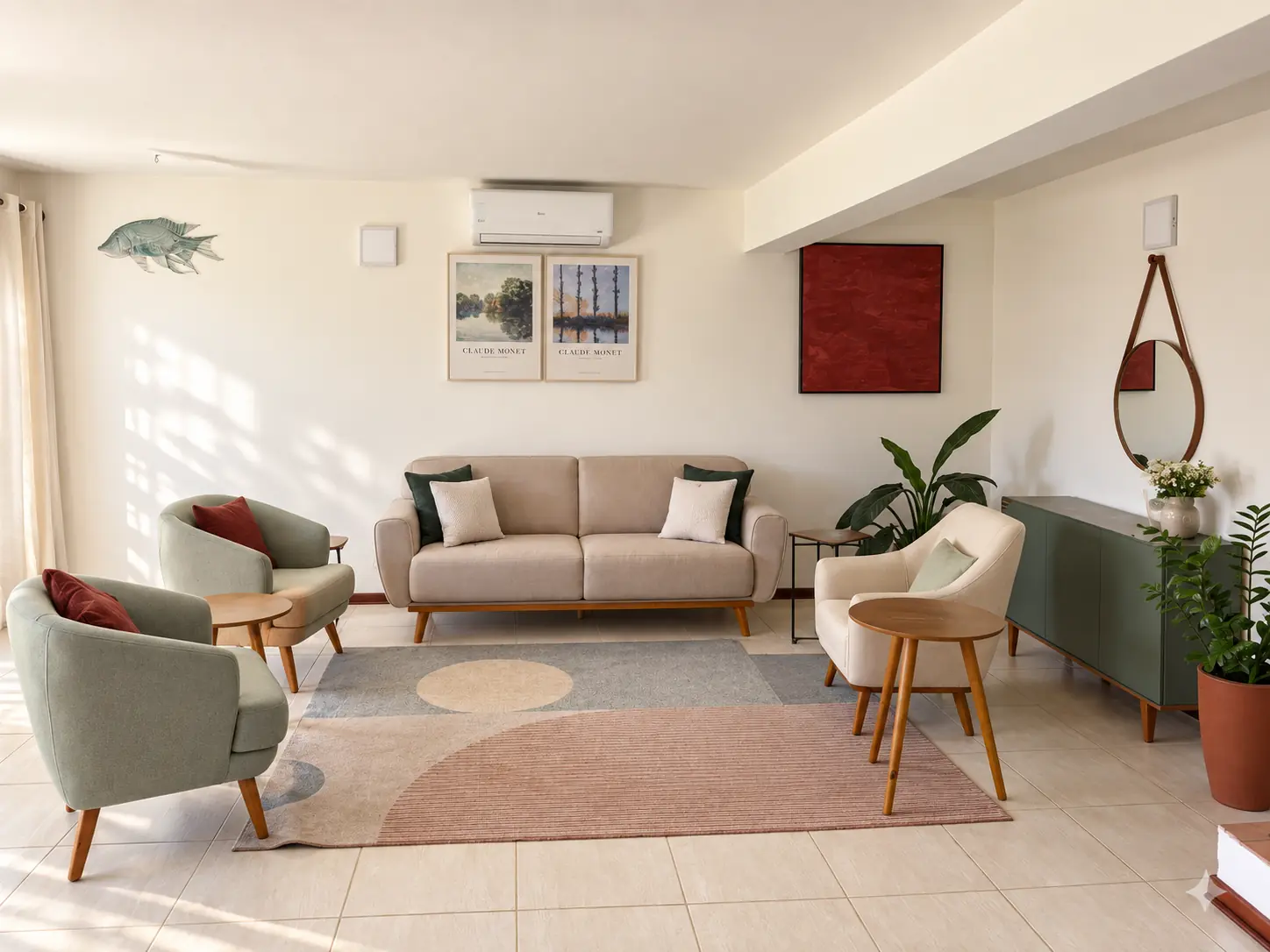 Sala de atendimento do consultório de psicologia em Atibaia, com sofá bege, poltronas verdes e quadros de Monet